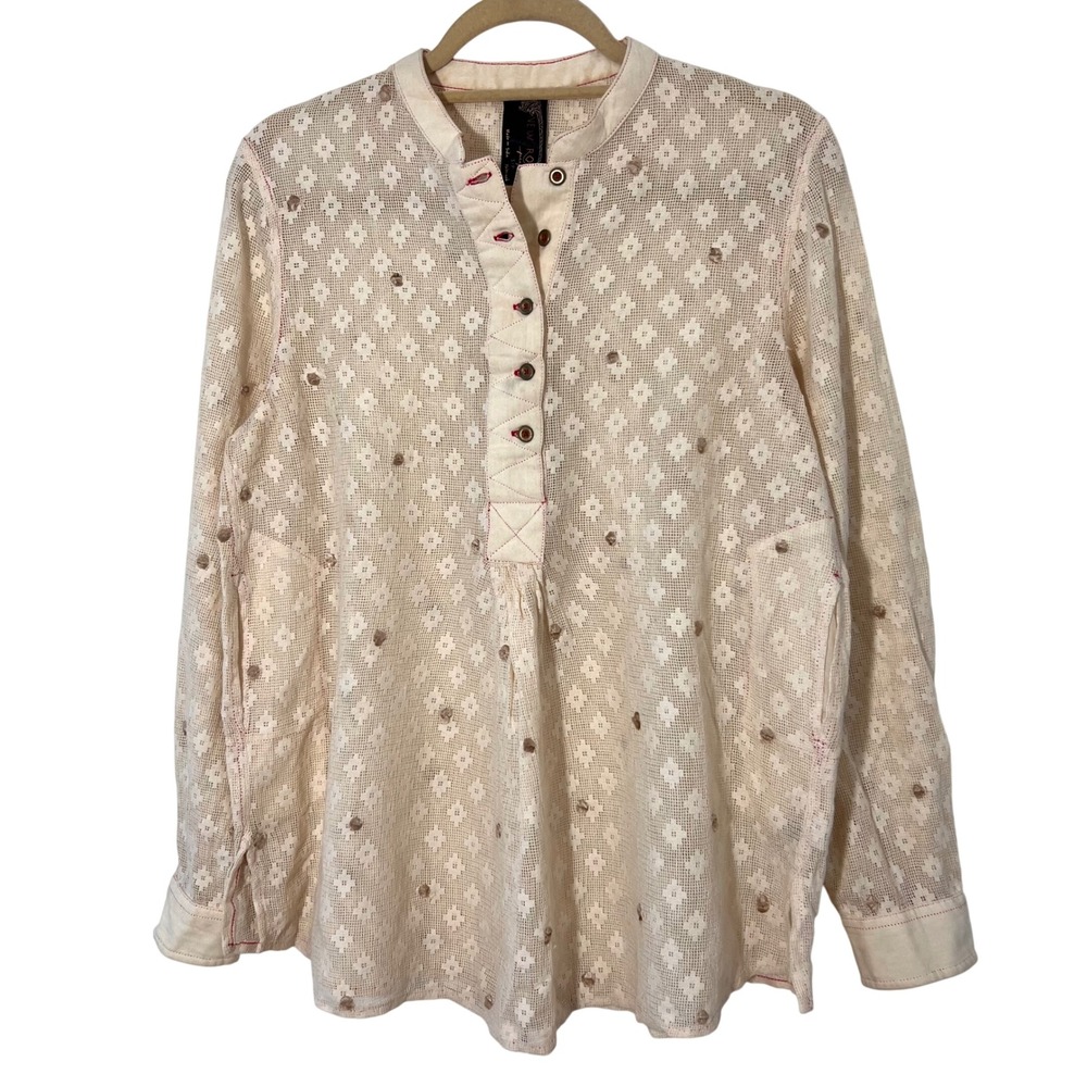 Free People New Romantics Henley Top Size S Beige Lace Mesh Eyelet Pockets Boho
